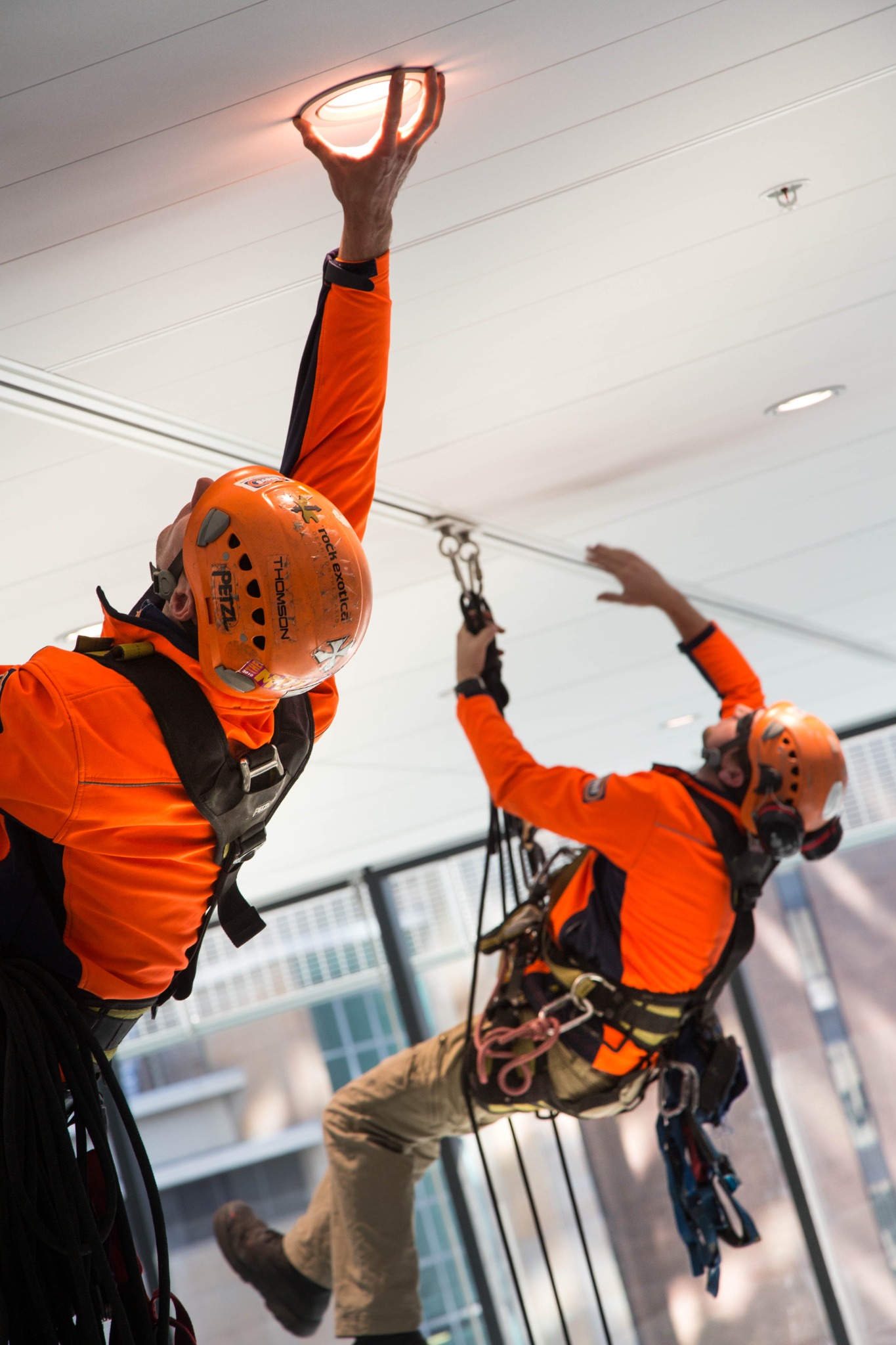 Two installers connected to an overhead Raptor Rail system